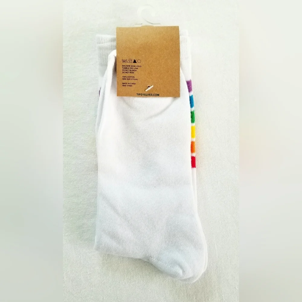 Mens Tipsy Elves White Rainbow 100% Cotton Crew Socks New With Tag